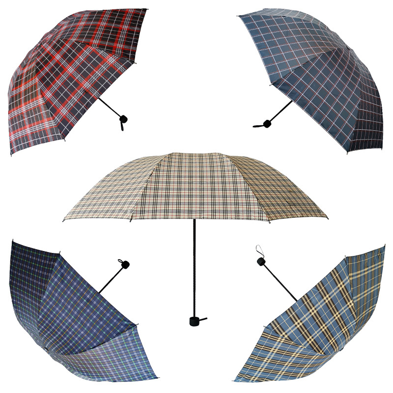 San Cai Umbrella/三才雨伞SC3017三折涤丝布格子晴雨伞8骨55cm*8k混色单把
